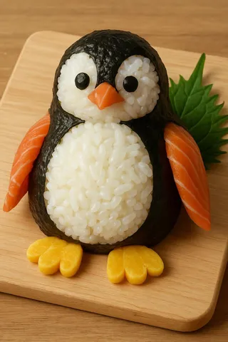 A cute penguin sculpture made from sushi rice, seaweed, salmon slices for wings, with black seaweed eyes and orange beak, presented on a wooden board.