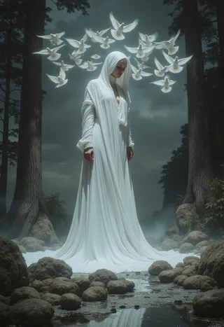 A woman in a flowing white gown stands solemnly in a misty forest surrounded by flying white doves under a dark, cloudy sky.