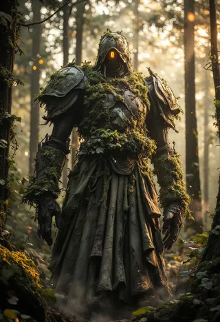 Giant golem robot standing in an enchanted forest, covered with moss, vines, and flowers, featuring a single glowing orange eye amid dramatic lighting and fog.