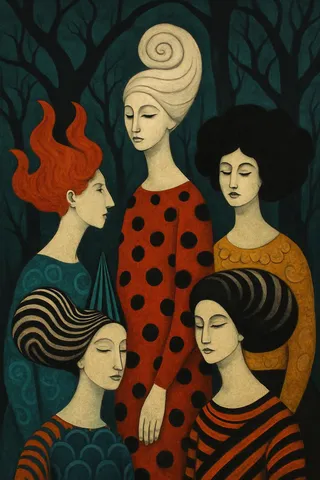 Surreal artwork featuring five stylized figures with unique hairstyles and striking outfits in a dark whimsical forest setting.