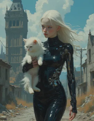 A detailed portrait of an albino cyborg girl with flowing white hair and blue eyes holding a fluffy white cat, standing in urban ruins under bright blue sky.