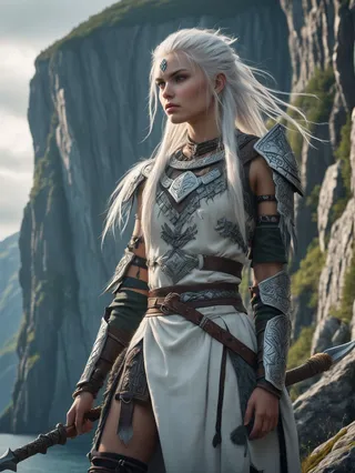 Warrior with flowing white hair in detailed Nordic armor standing near a steep cliff by an epic fjord landscape