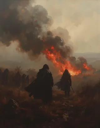 A realistic painting showing dark silhouettes of two warriors standing in a field with tall grass, facing a large fire with thick smoke rising in a chaotic war-torn landscape.