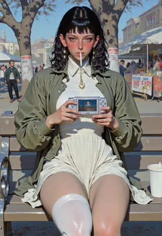 A digital artwork depicting a young woman with black hair sitting on a park bench holding a PlayStation Portable, wearing a green jacket, white shirt, pleated miniskirt, and white thigh-high stockings, set against an urban market background.