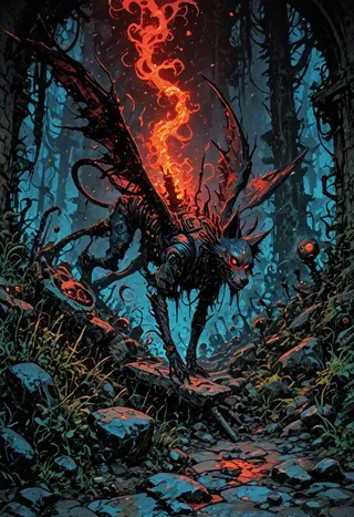 A biomechanical demon with red glowing eyes and flaming spine prowls a shattered techno-cathedral environment amid debris and jagged stones.