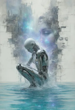 A chrome-limbed cyborg kneeling in a shimmering opalescent pool with cascading water, surrounded by distorted human faces and a fragmented cityscape in a vintage graphic style.