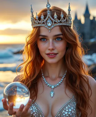 Close-up of a smiling young woman with ginger hair, freckles, and blue eyes wearing a crystal crown and diamond necklace, holding a glowing crystal ball with a blurred medieval castle and sunset in the background.