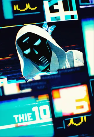 Close-up low angle view of a robot wearing a white hoodie with glowing blue eyes, surrounded by glitch effects and LCD screens with a small blue butterfly on the hoodie.