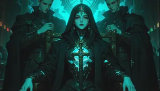 Close-up of the High Priestess in a gothic church, illuminated by eerie blue-green light, with two cloaked figures behind her and a glowing sacred dagger.