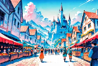 Watercolor fantasy scene of an adventurer walking through a bustling market street in a castle town surrounded by faceless crowd and vibrant stalls.