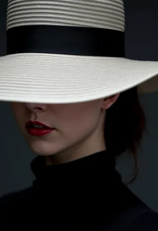 Close-up portrait of a woman wearing a white wide-brimmed hat with a black ribbon, red lipstick, and a black turtleneck, illuminated with dramatic studio lighting.