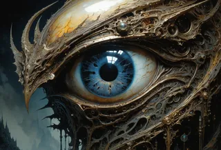 Close-up of a mechanical eye with a blue iris surrounded by an intricate metallic and organic design, featuring detailed filigree and a dark fantasy style.