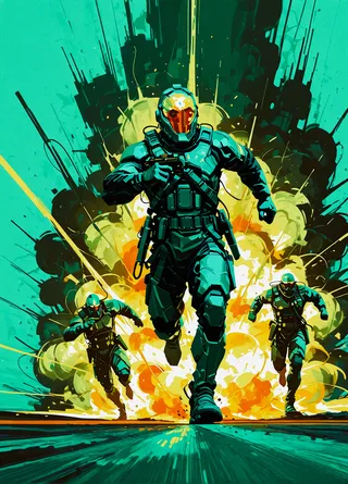Three cybernetic soldiers in full body armor running toward the viewer from a large explosion in a green-lit environment with thick lineart and western comics style.