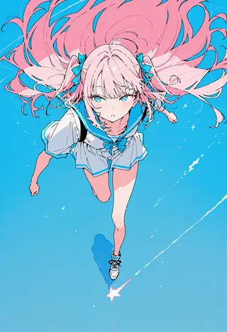 Anime-style girl with long flowing pink hair and blue eyes running dynamically against a bright blue sky, wearing a white and blue school uniform.