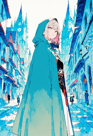 A young female adventurer wearing a blue cape stands in a medieval fantasy town, illustrated in a vibrant watercolor style with chromatic aberration effects.