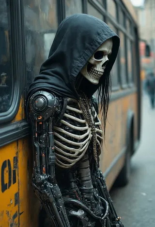 A biomechanical skeleton with black long hair and a hooded cape leaning against a yellow bus, showing intricate cybernetic arms and a skeletal chest with a necklace in a dystopian cyberpunk setting.