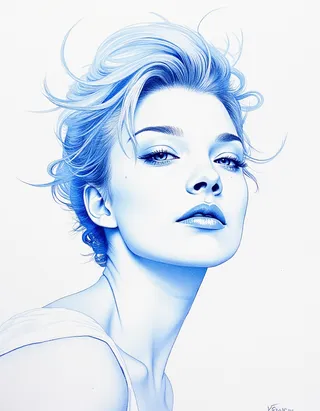 Minimalistic azure lineart sketch of a woman with fine glossy colored ink, featuring an otherworldly atmosphere and low saturation details.