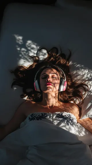 A woman lying on a hotel bed with headphones on, her eyes closed, and dappled sunlight casting intricate ceiling shadows over her face and hair.