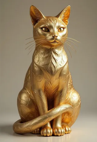 A golden sculpture of a sleek sitting cat with intricate detailing, embodying luxury and fine craftsmanship.