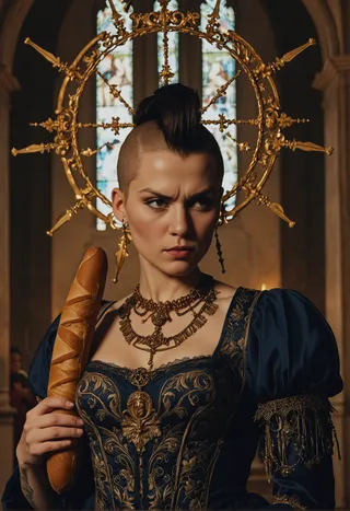 A renaissance woman with a short blonde mohawk hairstyle, wearing an ornate dark blue and gold dress, holding a baguette, with an intricate golden halo behind her head in a dimly lit church setting.