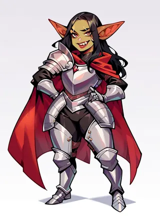 A goblin girl with green skin and long black hair stands confidently wearing silver plate armor and a flowing red cape, showing unusual teeth and armored boots.