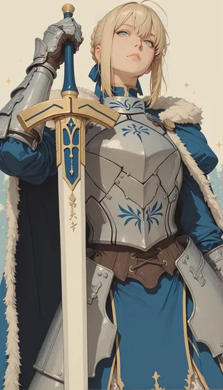 Saber from Fate stay night dressed in blue and silver armor with a fur-trimmed cape, holding Excalibur sword with a sparkle background.