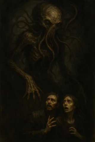 Dark fantasy oil painting featuring an Eldritch ancient horror creature with tentacles hovering ominously over a terrified man and woman.