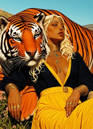 A photorealistic image of a dark-skinned woman with long blonde hair wearing a yellow dress and detailed gold jewelry sitting next to a large tiger in an outdoor setting under a blue sky.