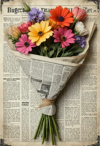 A bouquet of colorful flowers wrapped in vintage style newspaper with faded paper texture, distressed ink impressions, and overlapping headlines.