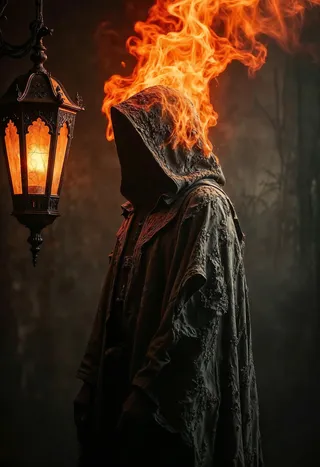 A dark fantasy scene of a hooded figure in a tattered cloak with a bright, fiery aura emitting from the head, standing next to a glowing gothic lantern.