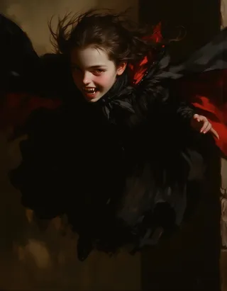 Oil painting of a pale young vampire girl with glowing red eyes and sharp fangs, leaping fiercely out of dark shadows toward the viewer, wearing a black corseted dress and a flowing black cape with red lining, illuminated with dramatic light in the style of Rembrandt.