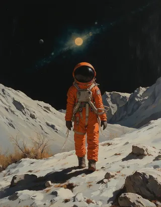 A futuristic astronaut in an orange space suit walking on the moon's rocky surface with Earth rising in the distance, depicted in a detailed oil painting style inspired by John Singer Sargent and Rembrandt.