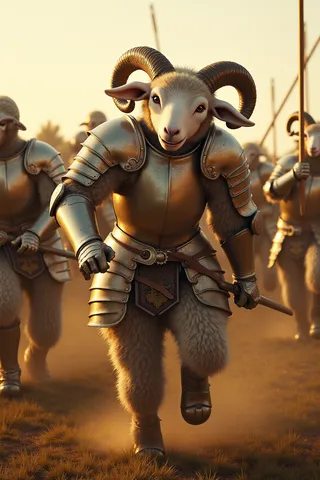 A muscular humanoid sheep in full paladin armor sprinting on a medieval battlefield during golden hour, surrounded by similarly armored sheep soldiers.
