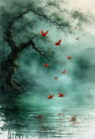 A serene jade-green lake surrounded by ancient moss-covered trees, with a swirling cluster of crimson paper cranes ascending into misty air, depicted in distressed ink sketch style with dramatic lighting.