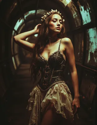 A young woman in a structured corset and flowing layered skirt poses barefoot in the dim, eerie Paris Catacombs, lit with dramatic chiaroscuro and rich baroque detail.