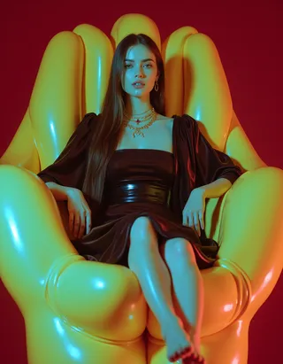 A young woman with long straight hair wearing a dark cape dress sits barefoot on a bright yellow hand-shaped armchair against a red background, illuminated with dramatic, colorful lighting in a surreal photographic style.