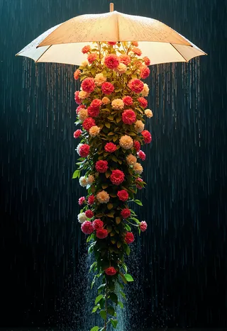 White umbrella with cascading pink and white flowers under rain, illuminated by warm cinematic lighting with water droplets falling around