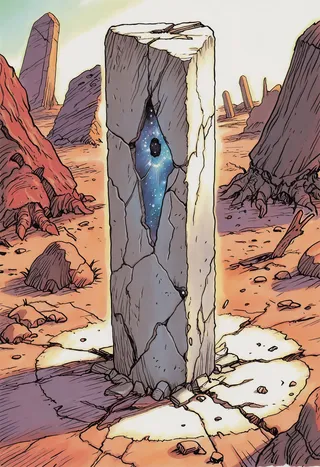 A large broken monolith stands upright outdoors in a cracked sunlit desert terrain, showing a cosmic starry void inside the fracture.