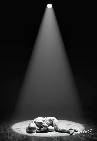 Black and white high-angle shot showing a curled figure on a dark studio floor under a harsh Rembrandt-style spotlight, evoking vulnerability.