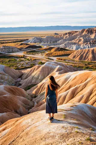 A girl in a blue dress stands on a sunlit hill overlooking the rugged, multi-toned desert hills of Badlands National Park in South Dakota.