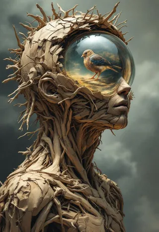 Surreal wooden creature with a head made of dry wood and a glass sphere containing a bird inside, showcasing ideal human anatomy in a highly detailed 4k painting.