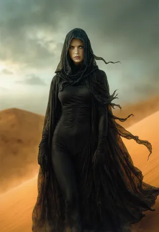 Cinematic portrait of a Bene Gesserit Reverend Mother wearing a black stillsuit and dark hooded robes standing on an orange sand dune with a dramatic cloudy sky.