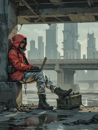 Person wearing a vivid red jacket and reflective pants sits against a concrete pillar under a highway overpass, typing on a rugged military laptop with a futuristic city skyline in the background.