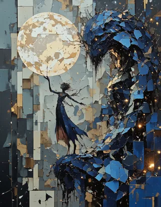 A digital artwork depicting an abstract figure reaching towards a large moon, surrounded by shadows and glitch art style blocks in blue and beige tones, with stark contrasts and a foggy atmosphere.