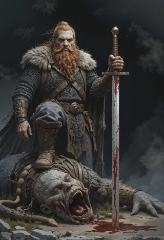 Fierce dwarf warrior in chainmail armor stands with one boot on a massive troll's severed head, gripping a blood-stained sword with a proud expression.