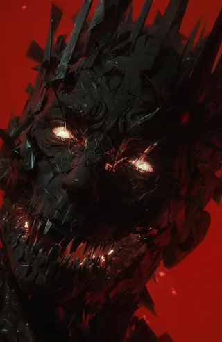 Close-up of a dark humanoid face with glowing eyes, partially obscured by jagged black metallic shards against a vivid red background, creating a chaotic fractured appearance.