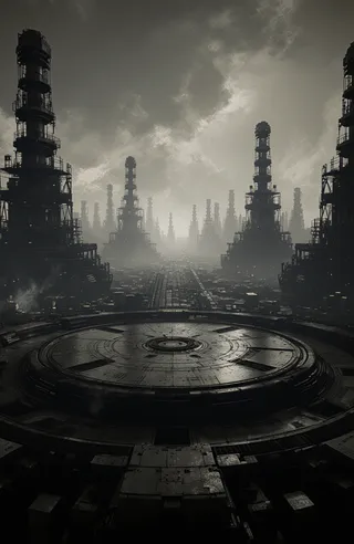A dark dystopian cityscape with towering industrial structures under a hazy smoky sky and a large circular platform in the foreground.