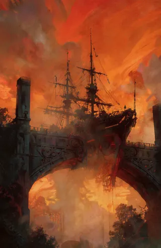 Silhouette of a futuristic steampunk ship with intricate rigging and multiple masts against a vibrant orange-red sunset sky, framed by a dark stone bridge with tall cylindrical pillars and shadowy foliage.