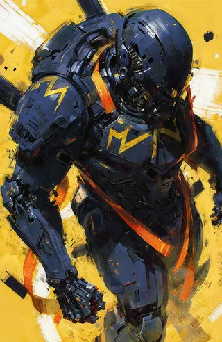 Digital illustration of a futuristic humanoid robot in dark blue armored exoskeleton with yellow zigzag patterns and bright orange ribbons, set against an energetic yellow and white abstract background.