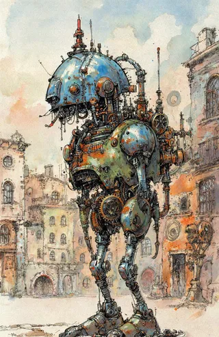 A steampunk-style robot with a large blue dome-shaped head, detailed mechanical body in green, orange, and brown shades, standing on articulated legs in a watercolor urban cityscape background.